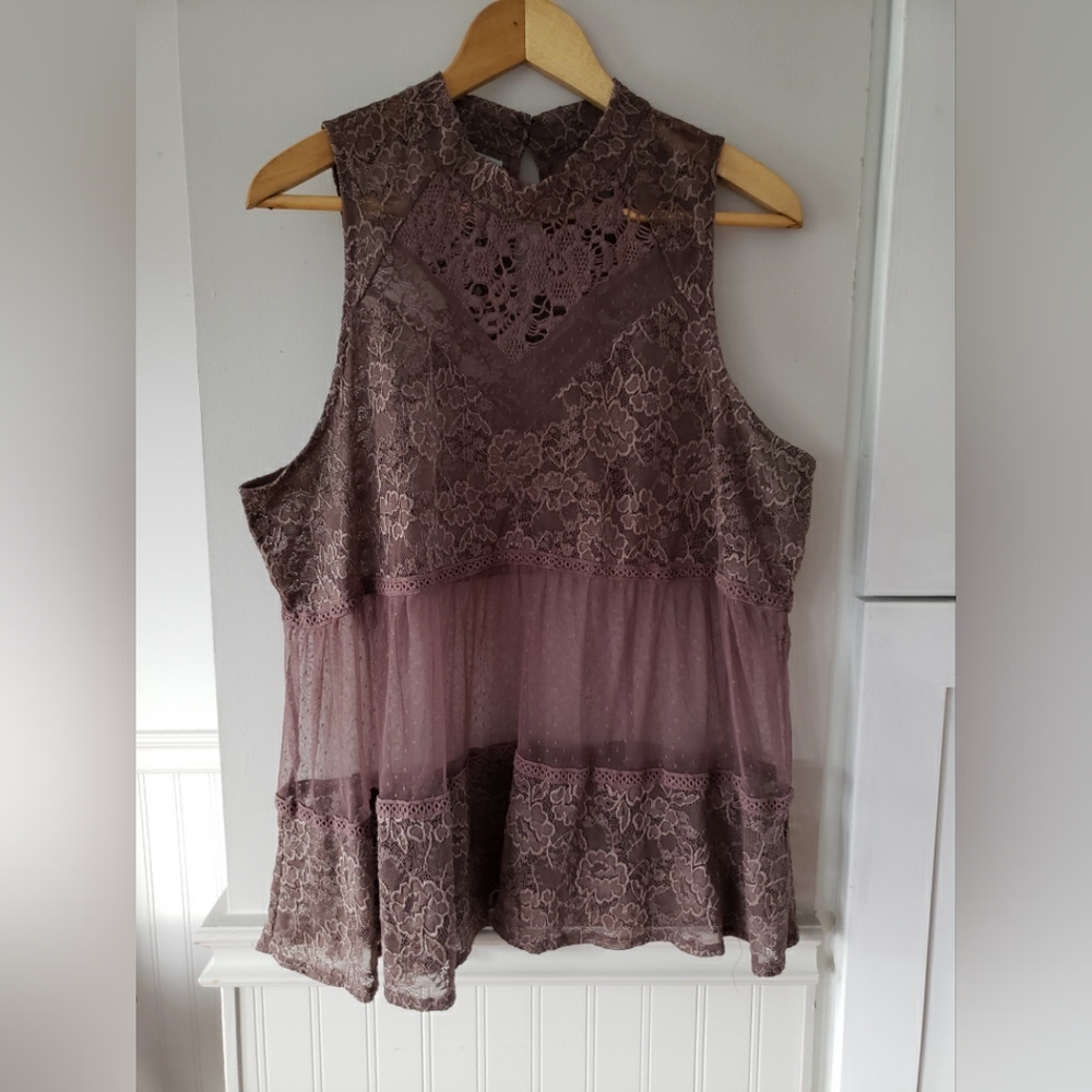 Maurices Brown High Neck Sheer Lace Boho Top size XXL